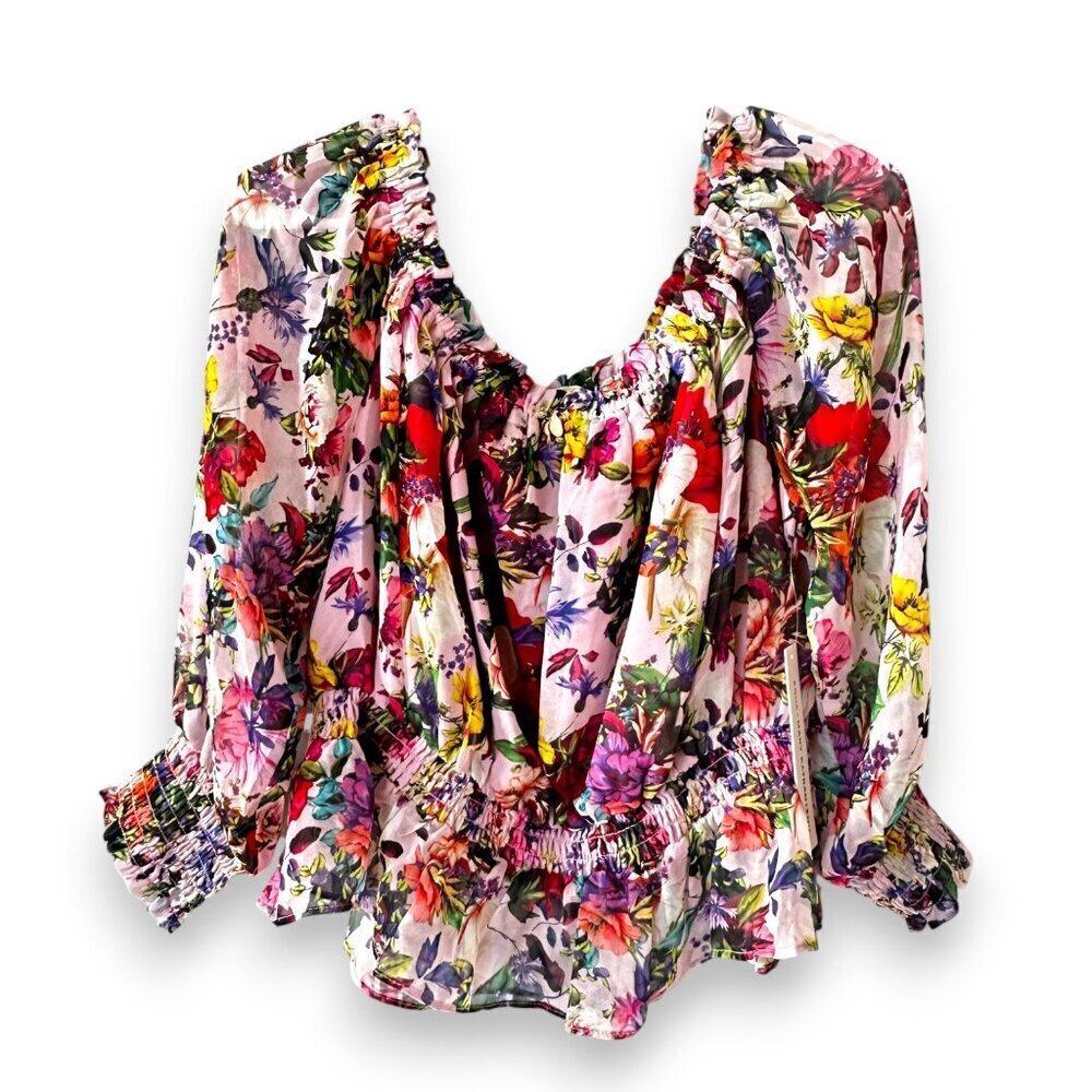 AQUA Mary Katrantzou Floral Off The Shoulder Smocked Top 1X NWT